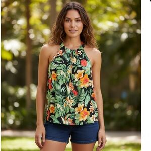 Christian Siriano Tropical Floral Halter Tunic XL - Pleated Front